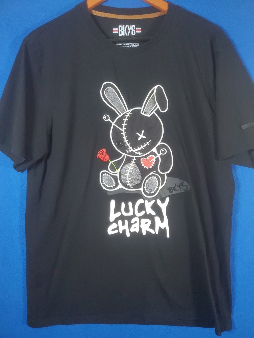 BKYS Men's Lucky Charm Voodoo Bunny Graphic T-Shirt Black Embroidered Size L